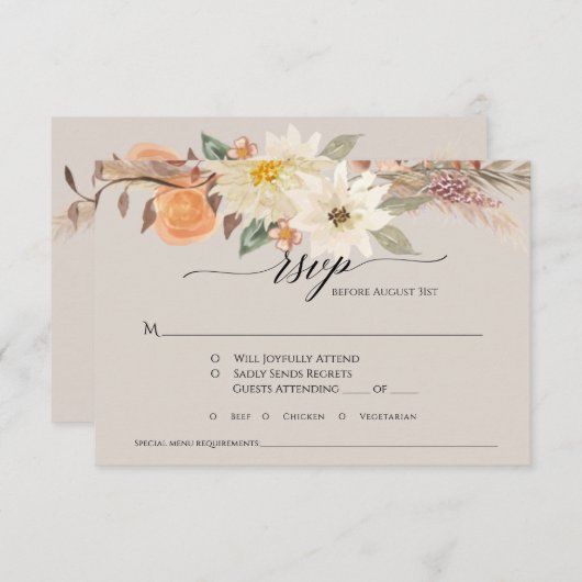 Cartons Réponse BOHO Terre Terne Floral Automnal Herbe de la Pampa (Devant / Derrière)