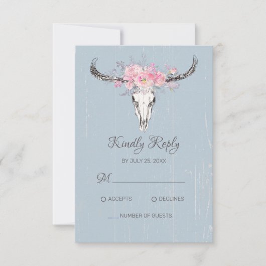 Cartons Réponse Boho Vache Crâne Floral Blush Aquarelle rose Bleu (Devant)