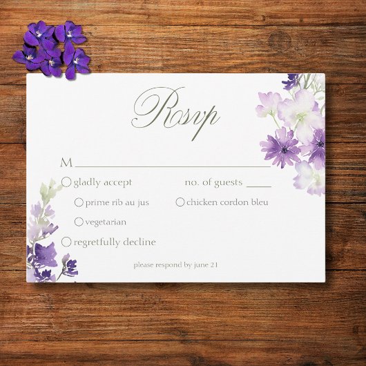 Cartons Réponse Boho violet Fleur sauvage Mariage blanc dîner