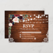 Cartons Réponse Bois rustique Bourgogne bleu Mariage Floral (Devant / Derrière)