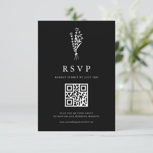 Cartons Réponse Bouquet minimal noir Mariage de code QR (Debout devant)
