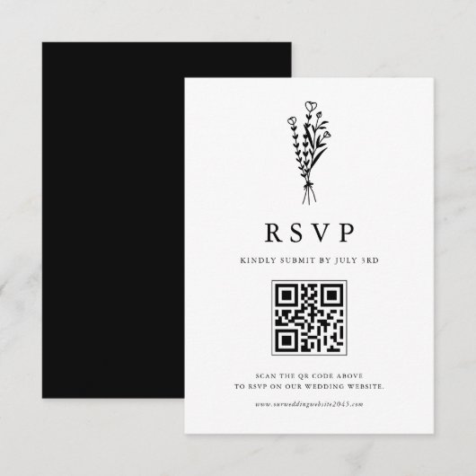 Cartons Réponse Bouquet minimal noir Mariage de code QR (Devant / Derrière)