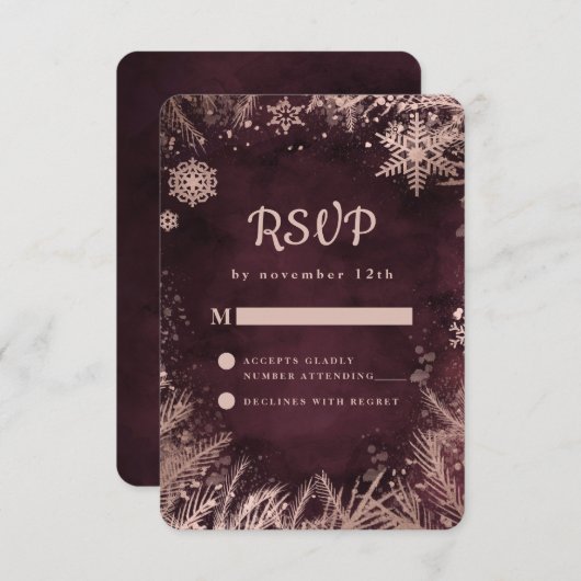 Cartons Réponse Bourgogne avec Rose Gold Winter Snowflakes Mariage (Devant / Derrière)