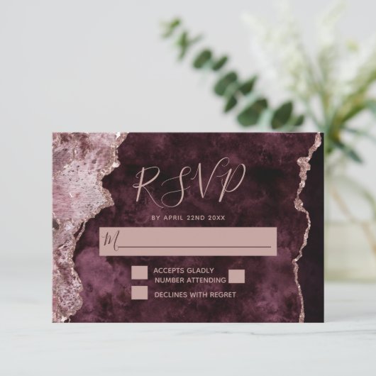 Cartons Réponse Bourgogne avec Rose or marbré Agate Mariage (Debout devant)