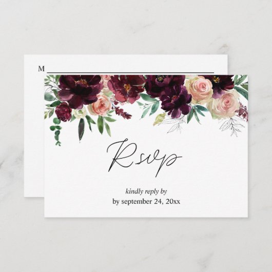 Cartons Réponse Bourgogne & Fleur rose pâle avec repas (Devant / Derrière)