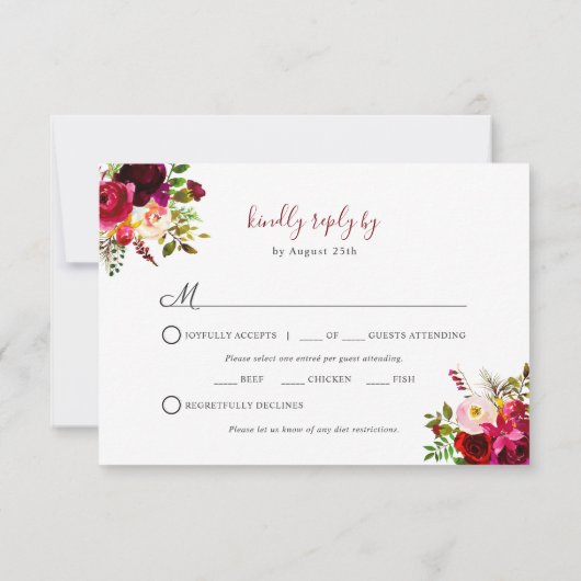 Cartons Réponse Bourgogne Floral Antlers | entrée + invités (Dos)