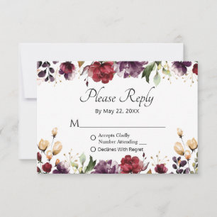 Cartons Réponse Bourgogne Floral Gold Foil Mariage S'il vous plaît