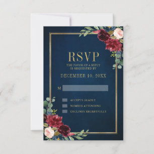 Cartons Réponse Bourgogne Floral Gold Frame Marine Blue Mariage