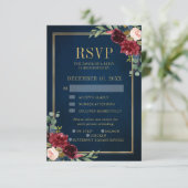 Cartons Réponse Bourgogne Floral Gold Frame Marine Blue Wedding RS (Debout devant)