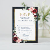 Cartons Réponse Bourgogne Floral Gold Frame Marine Blue Wedding RS (Debout devant)
