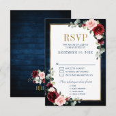 Cartons Réponse Bourgogne Floral Gold Frame Marine Blue Wedding RS (Devant / Derrière)