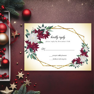 Cartons Réponse Bourgogne Poinsettias Gold Frame Mariage de Noël