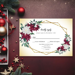Cartons Réponse Bourgogne Poinsettias Gold Frame Mariage de Noël