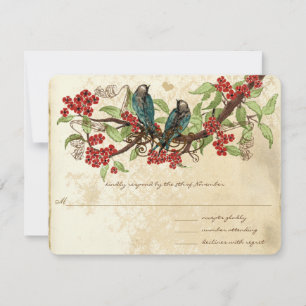 Cartons Réponse Branche de fleurs rouges Mariage vintage oiseaux R