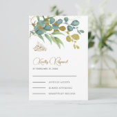 Cartons Réponse Branche dorée de eucalyptus rustique pour mariage (Debout devant)