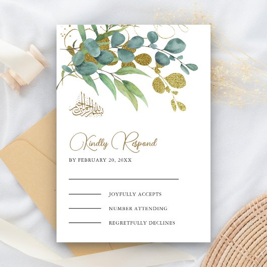 Cartons Réponse Branche dorée de eucalyptus rustique pour mariage