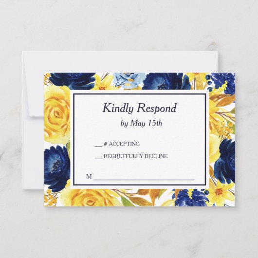 Cartons Réponse Bright Gold Navy Blue Floral Mariage (Devant)