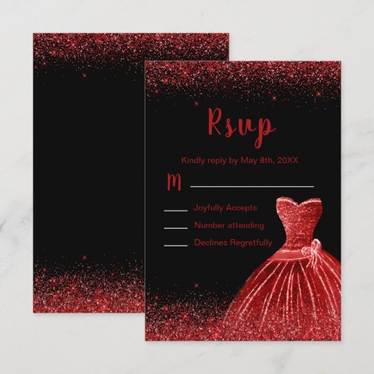 Cartons Réponse Bright Red Dress Faux Glitter Quinceanera (Devant / Derrière)