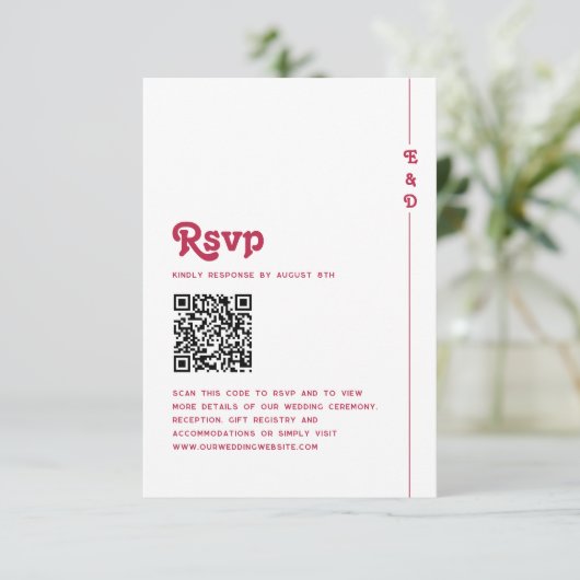 Cartons Réponse Bright Retro Hot Pink Monogramme Mariage QR Code (Debout devant)