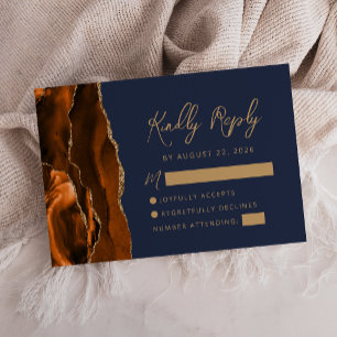 Cartons Réponse Brûlé Orange Agate Gold Script Mariage bleu marine