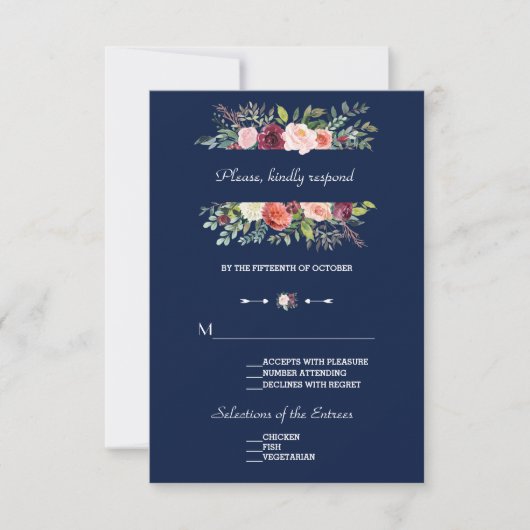 Cartons Réponse Burgundy Blush Floral Frame Bleu foncé Mariage (Devant)