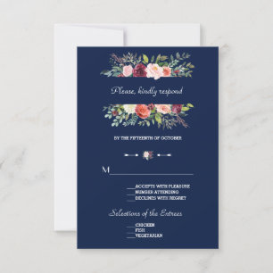 Cartons Réponse Burgundy Blush Floral Frame Bleu foncé Mariage