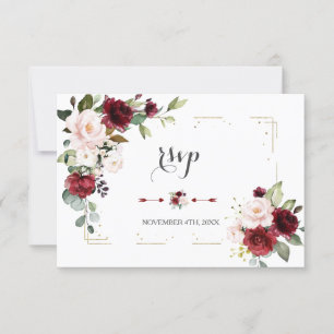 Cartons Réponse Burgundy Blush Floral Parties scintillant d'or Ma