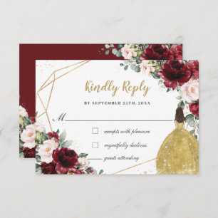 Cartons Réponse Burgundy Blush Floral Quinceañera Gold Princess
