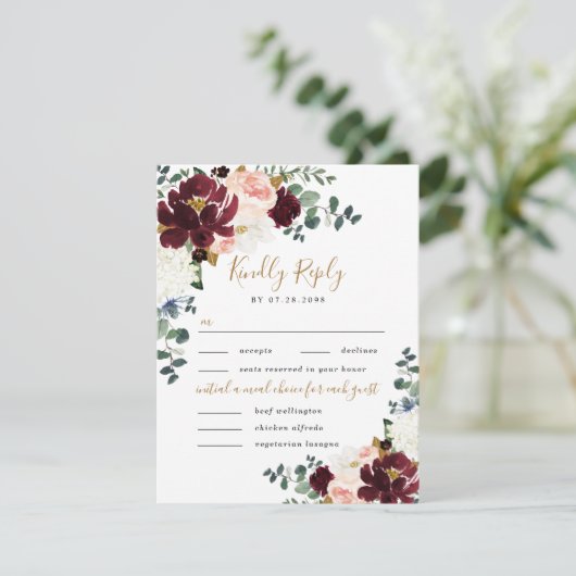 Cartons Réponse Burgundy Blush Gold Trois 3 repas Choice Mariage (Debout devant)