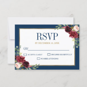 Cartons Réponse Burgundy Floral Gold Navy Bleu Russe Mariage