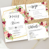 Cartons Réponse Burgundy Floral Gold Polygonal Geometric Wedding