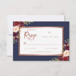 Cartons Réponse Burgundy Floral Navy Blue Rose Gold Script Mariage
