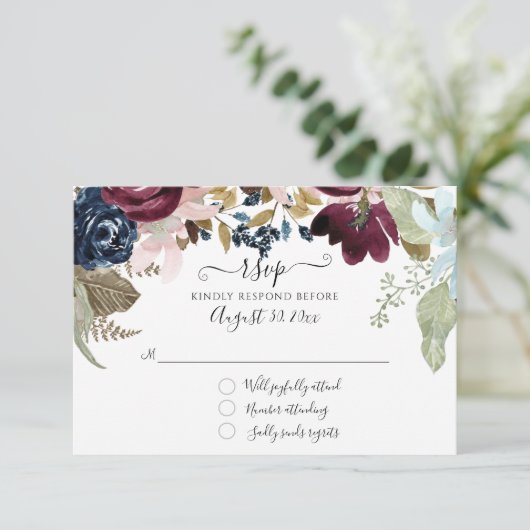 Cartons Réponse Burgundy Floral Navy Élégant Mariage Feuillage (Debout devant)