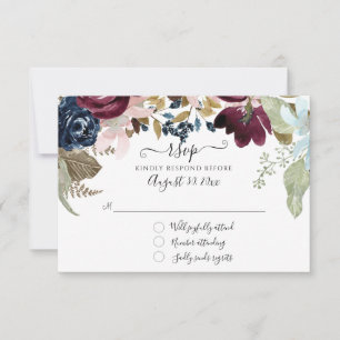 Cartons Réponse Burgundy Floral Navy Élégant Mariage Feuillage