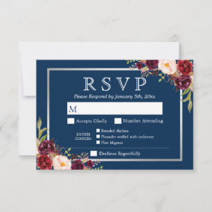 Cartons Réponse Burgundy Floral Silver Navy Blue Repas Options RSV