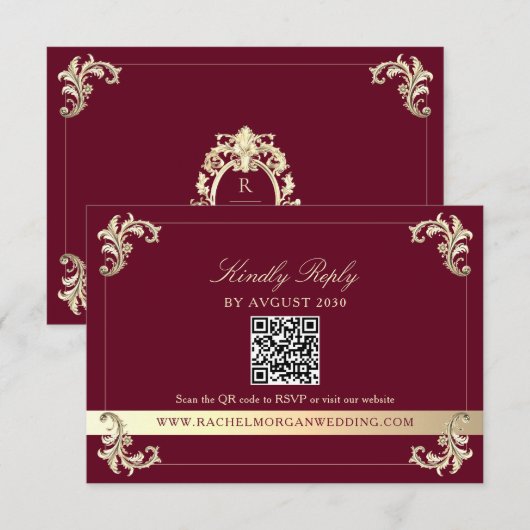 Cartons Réponse Burgundy Gold Baroque QR Code Wedding (Devant / Derrière)