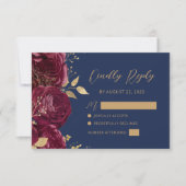 Cartons Réponse Burgundy Gold Floral Script Navy Blue Wedding (Devant)