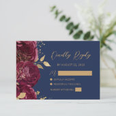 Cartons Réponse Burgundy Gold Floral Script Navy Blue Wedding (Debout devant)