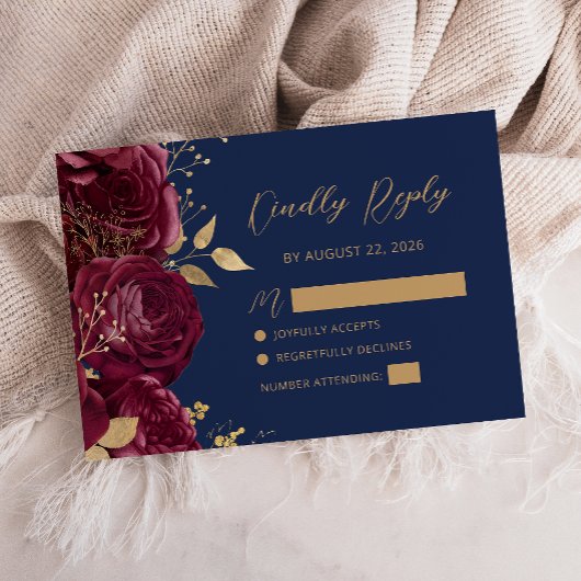 Cartons Réponse Burgundy Gold Floral Script Navy Blue Wedding