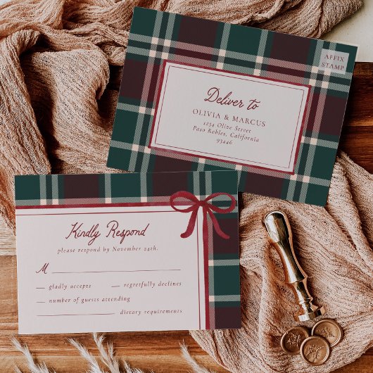 Cartons Réponse Burgundy Green Plaid Christmas Bow Wedding
