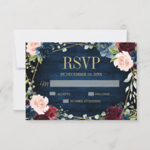 Cartons Réponse Burgundy Navy Blush Floral Mariage géométrique
