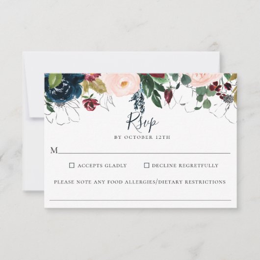 Cartons Réponse Burgundy Navy Floral Mariage Allergie alimentaire  (Devant)