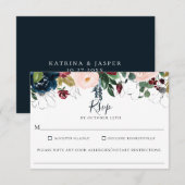 Cartons Réponse Burgundy Navy Floral Mariage Allergie alimentaire  (Devant / Derrière)