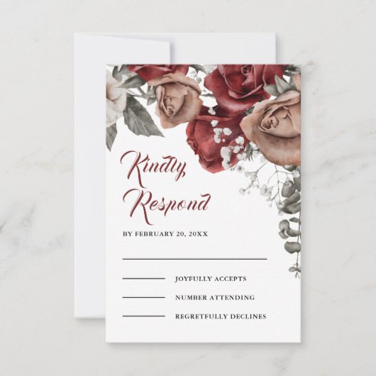 Cartons Réponse Burgundy Red Roses Floral Wedding (Devant)