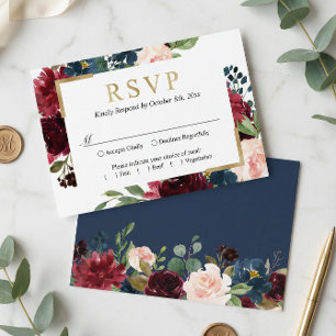 Cartons Réponse Burgundy Rouge Bleu Bleu Mariage Floral