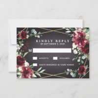 Burgundy Rouge Noir et Or Floral Élégant Mariage