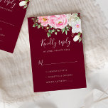 Cartons Réponse Burgundy Watercolor<br><div class="desc">Sur Elegant floral wedding response card featuring pink watercolor flowers with modern handwritten calligraphy on a burgundy red background.</div>