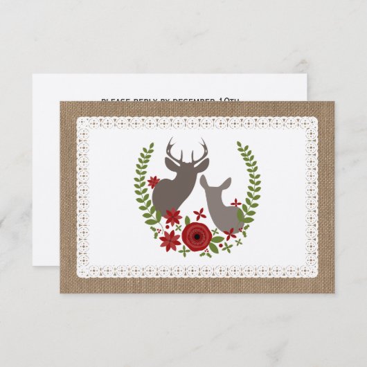 Cartons Réponse Burlap + Lace Inspiré Noël Cerf R.S.V.P. (Devant / Derrière)