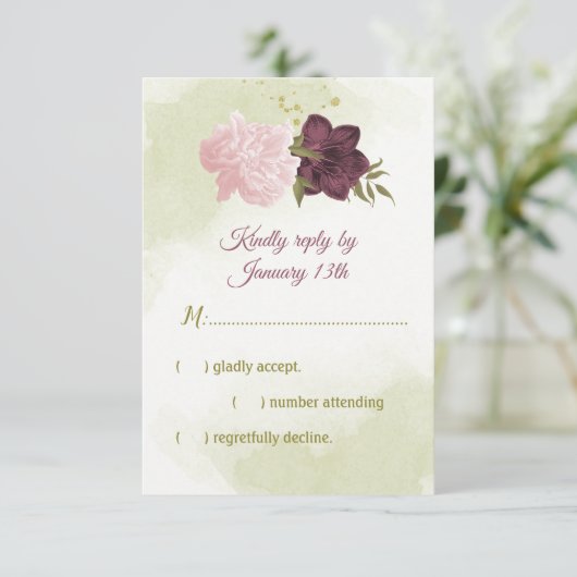 Cartons Réponse cabernet rose fleurs vert feuilles (Debout devant)