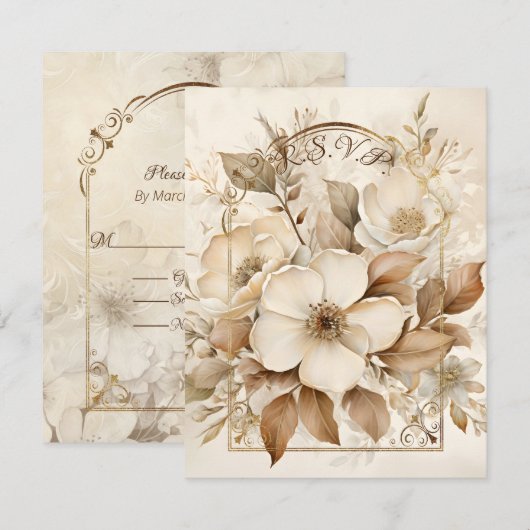 Cartons Réponse Cadre Or avec Roses Marron Monotone et Blanches (Devant / Derrière)